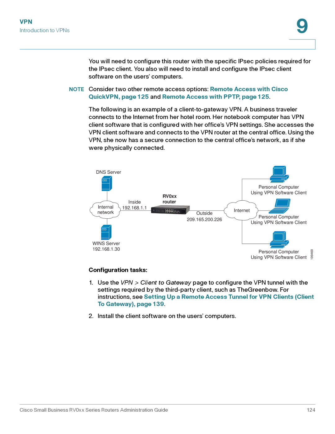 Cisco Systems RV042G, RV016 manual QuickVPN, page125 and Remote Access with PPTP, page125, Router 