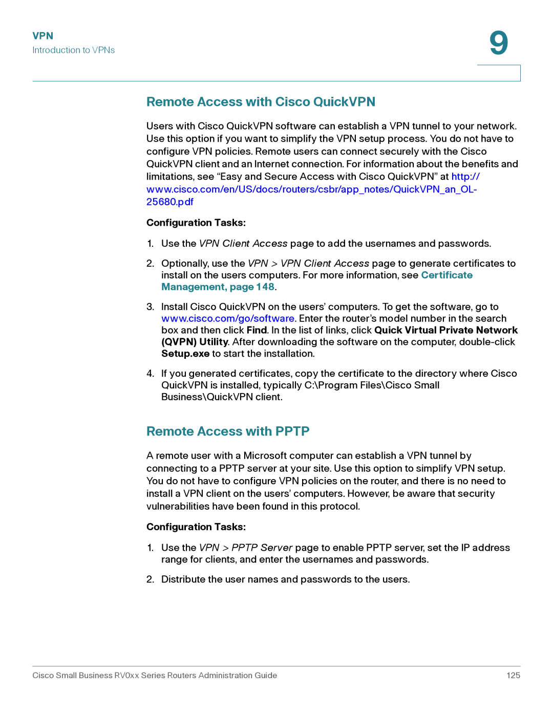 Cisco Systems RV016, RV042G manual Remote Access with Cisco QuickVPN, Remote Access with Pptp 