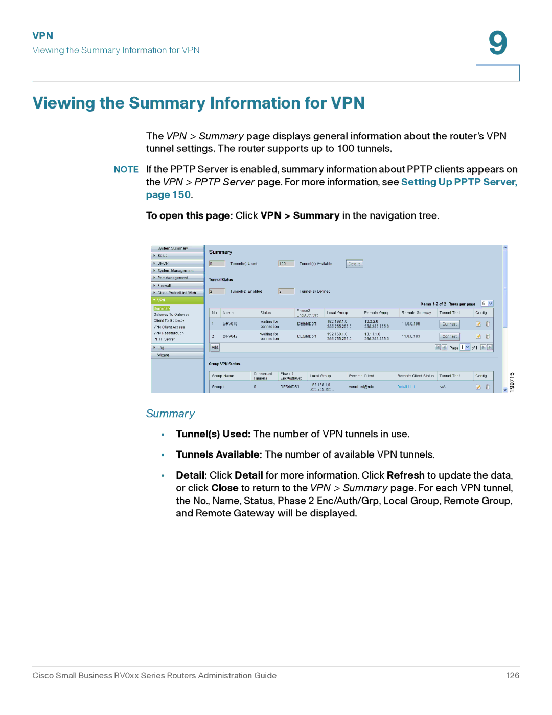 Cisco Systems RV042G Viewing the Summary Information for VPN, To open this page Click VPN Summary in the navigation tree 