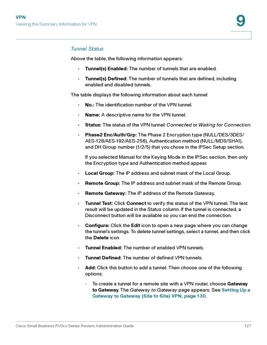 Cisco Systems RV016, RV042G manual Tunnel Status 