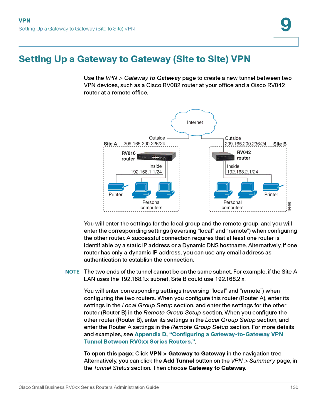 Cisco Systems RV042G, RV016 manual Setting Up a Gateway to Gateway Site to Site VPN 