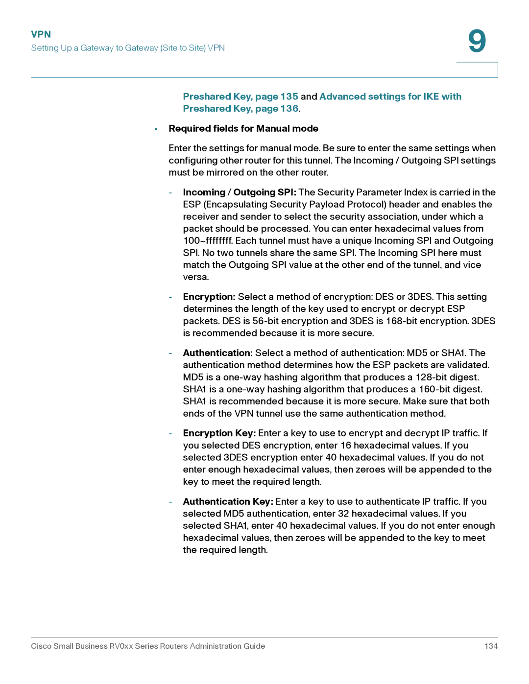 Cisco Systems RV042G, RV016 Preshared Key, page 135 and Advanced settings for IKE with, Required fields for Manual mode 