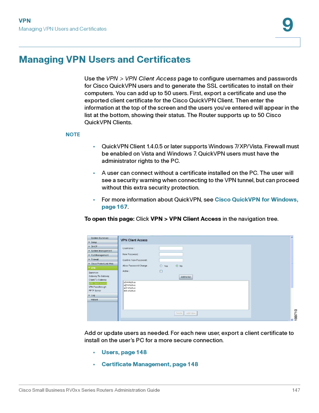 Cisco Systems RV016, RV042G manual Managing VPN Users and Certificates, Users, Certificate Management, page148 