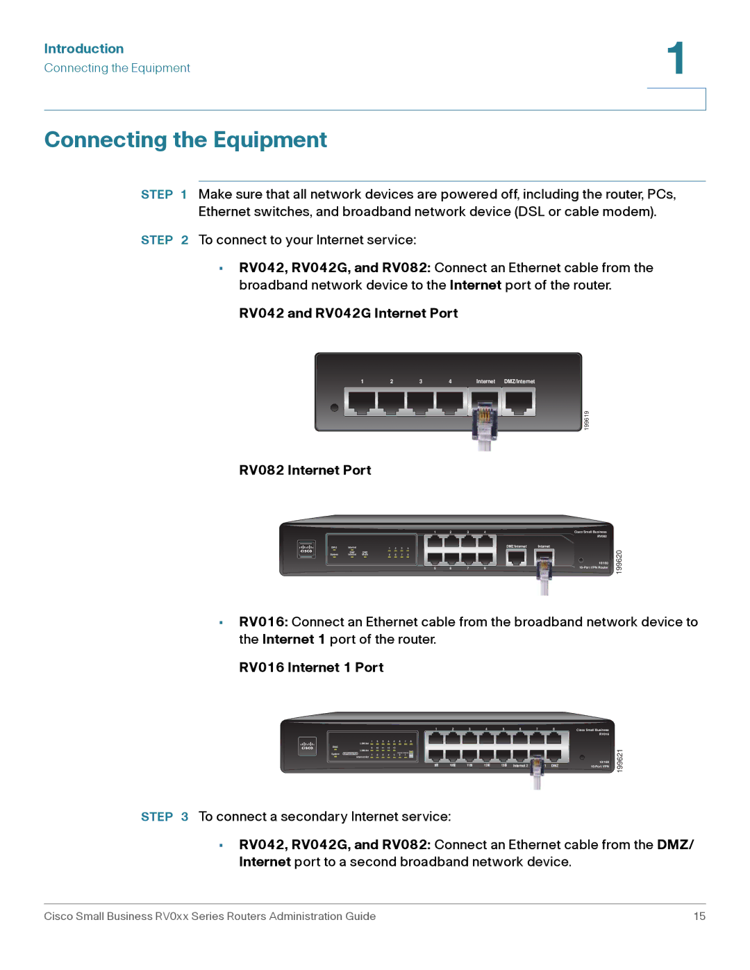 Cisco Systems Connecting the Equipment, RV042 and RV042G Internet Port, RV082 Internet Port, RV016 Internet 1 Port 