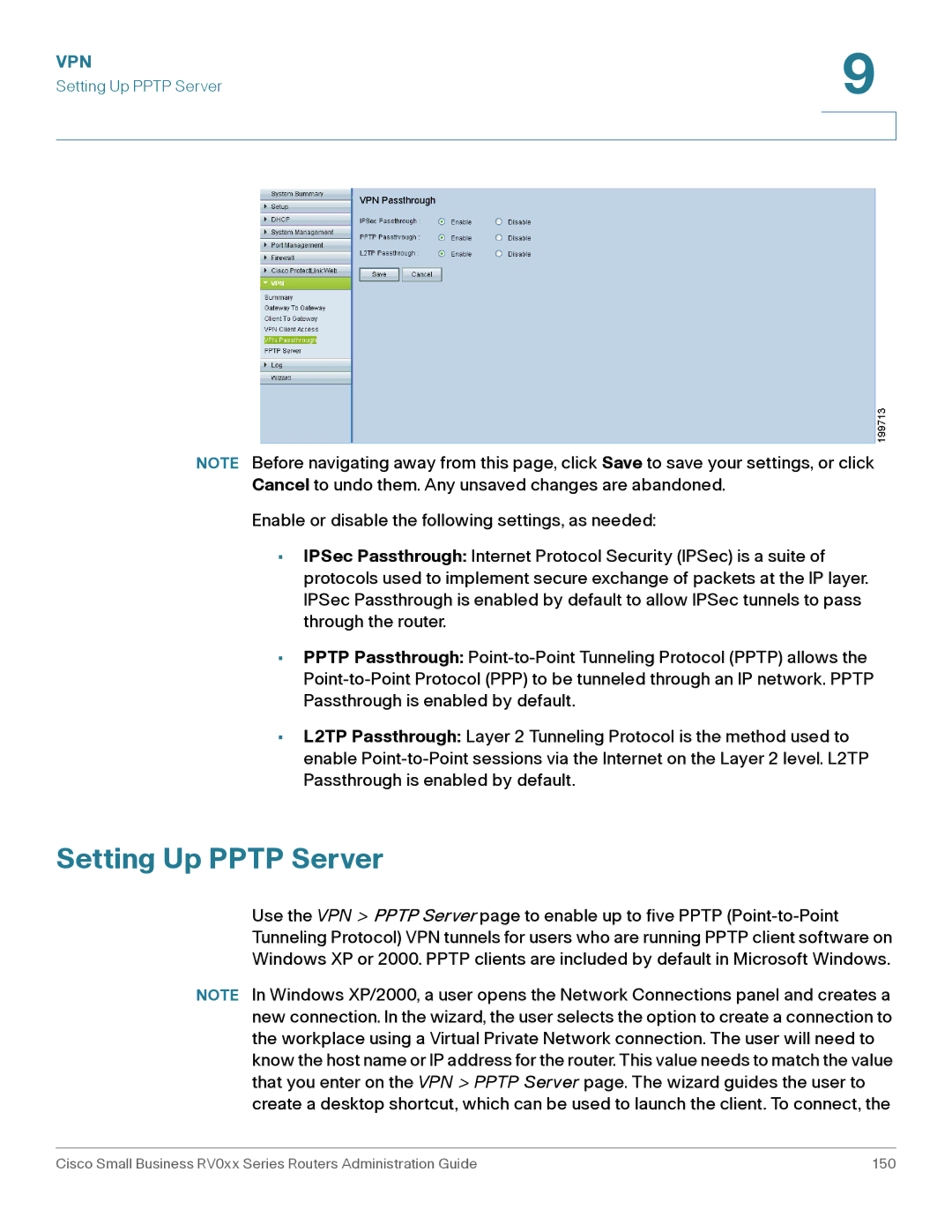 Cisco Systems RV042G, RV016 manual Setting Up Pptp Server 