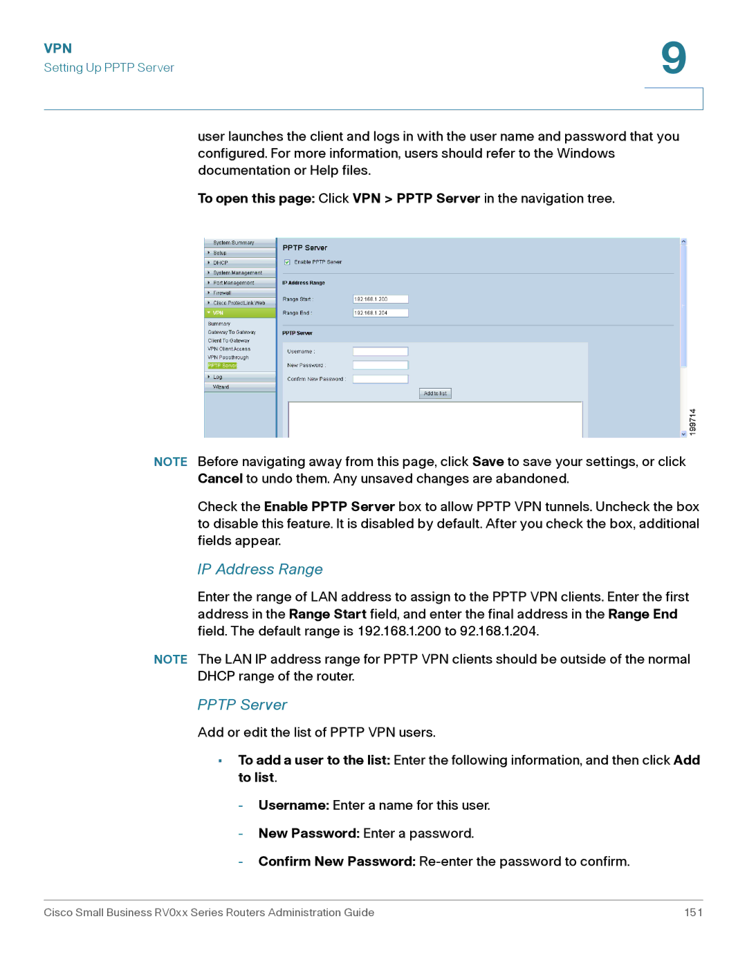 Cisco Systems RV016, RV042G manual IP Address Range, Pptp Server 