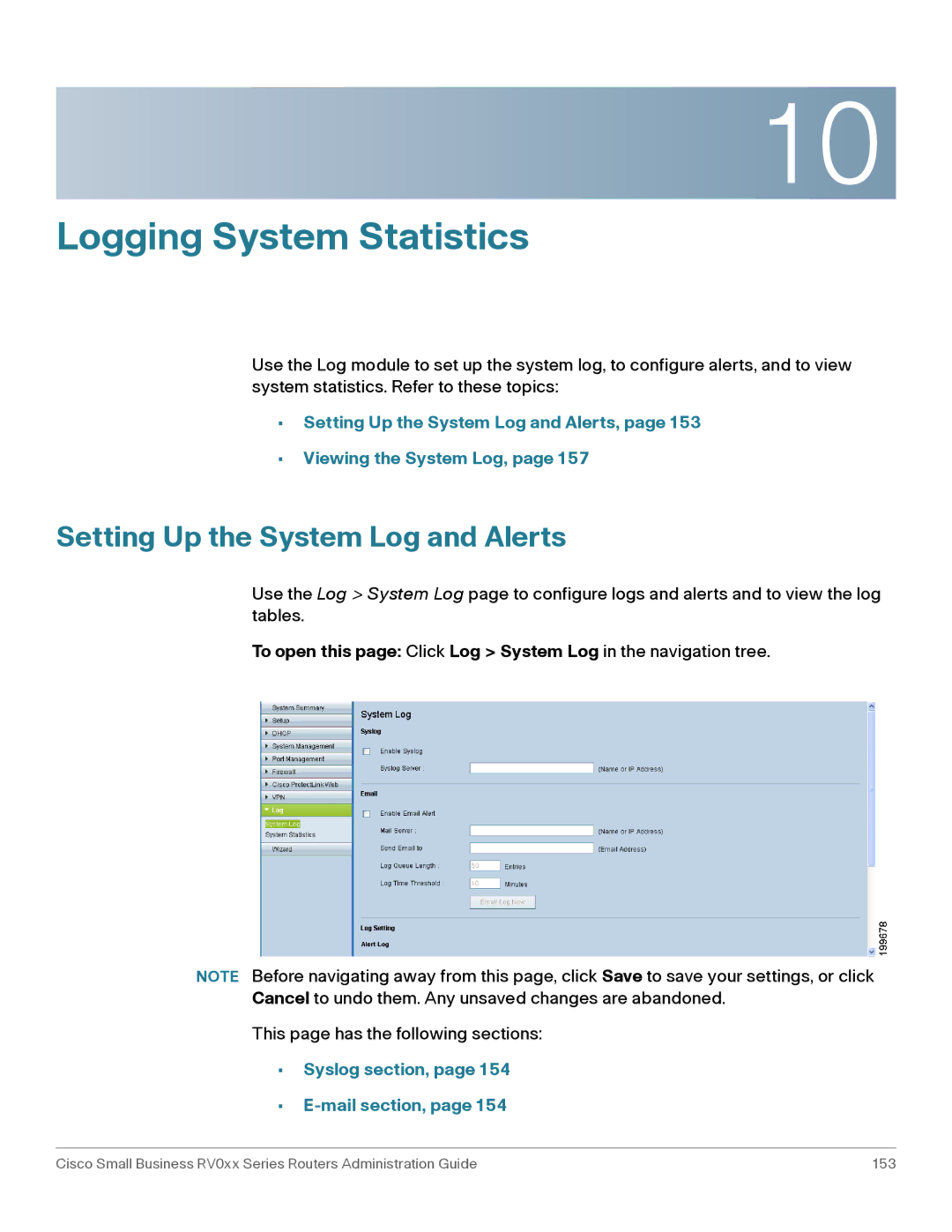 Cisco Systems RV016, RV042G manual Setting Up the System Log and Alerts, Syslog section, Mail section 