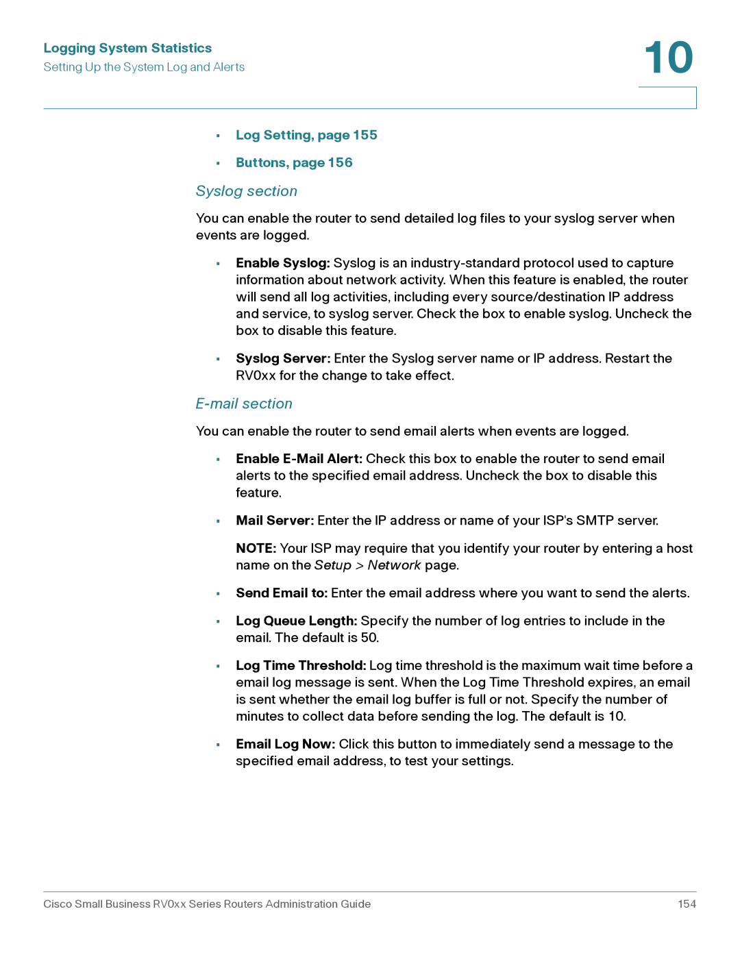 Cisco Systems RV042G, RV016 manual Syslog section, Mail section, Logging System Statistics, Log Setting, Buttons 