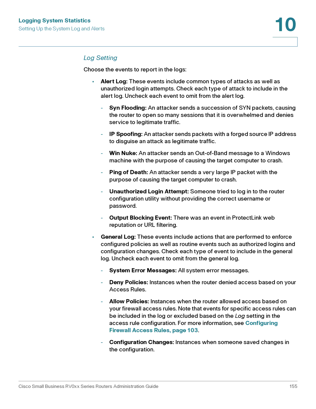 Cisco Systems RV016, RV042G manual Log Setting 