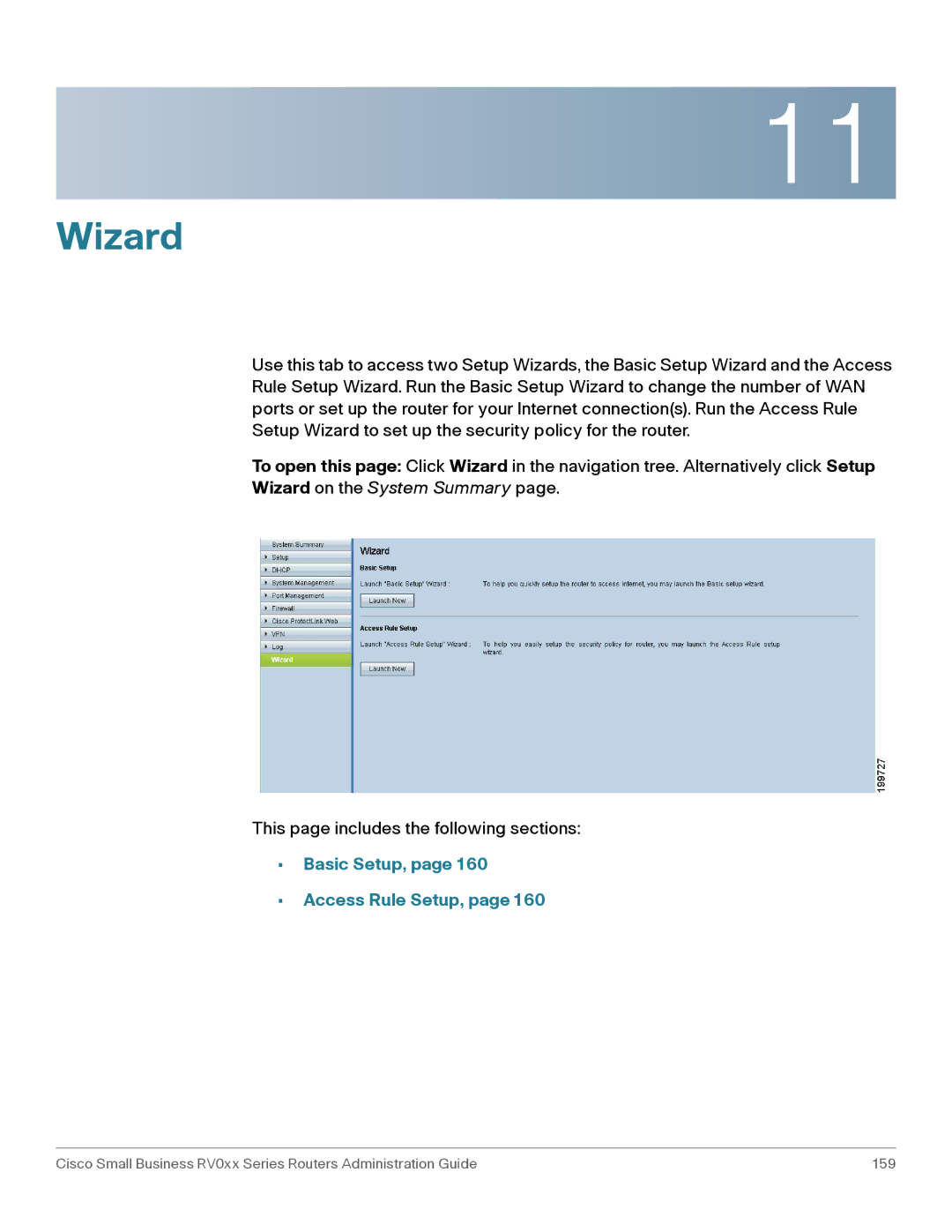 Cisco Systems RV016, RV042G manual Wizard, Basic Setup, Access Rule Setup, page160 