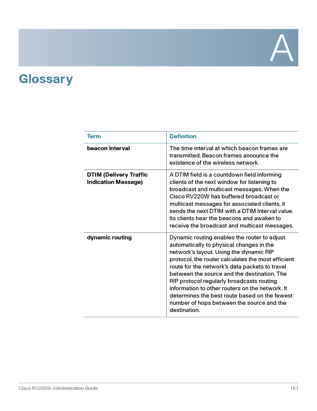 Cisco Systems RV016, RV042G Term Definition, Beacon interval, Dtim Delivery Traffic, Indication Message, Dynamic routing 