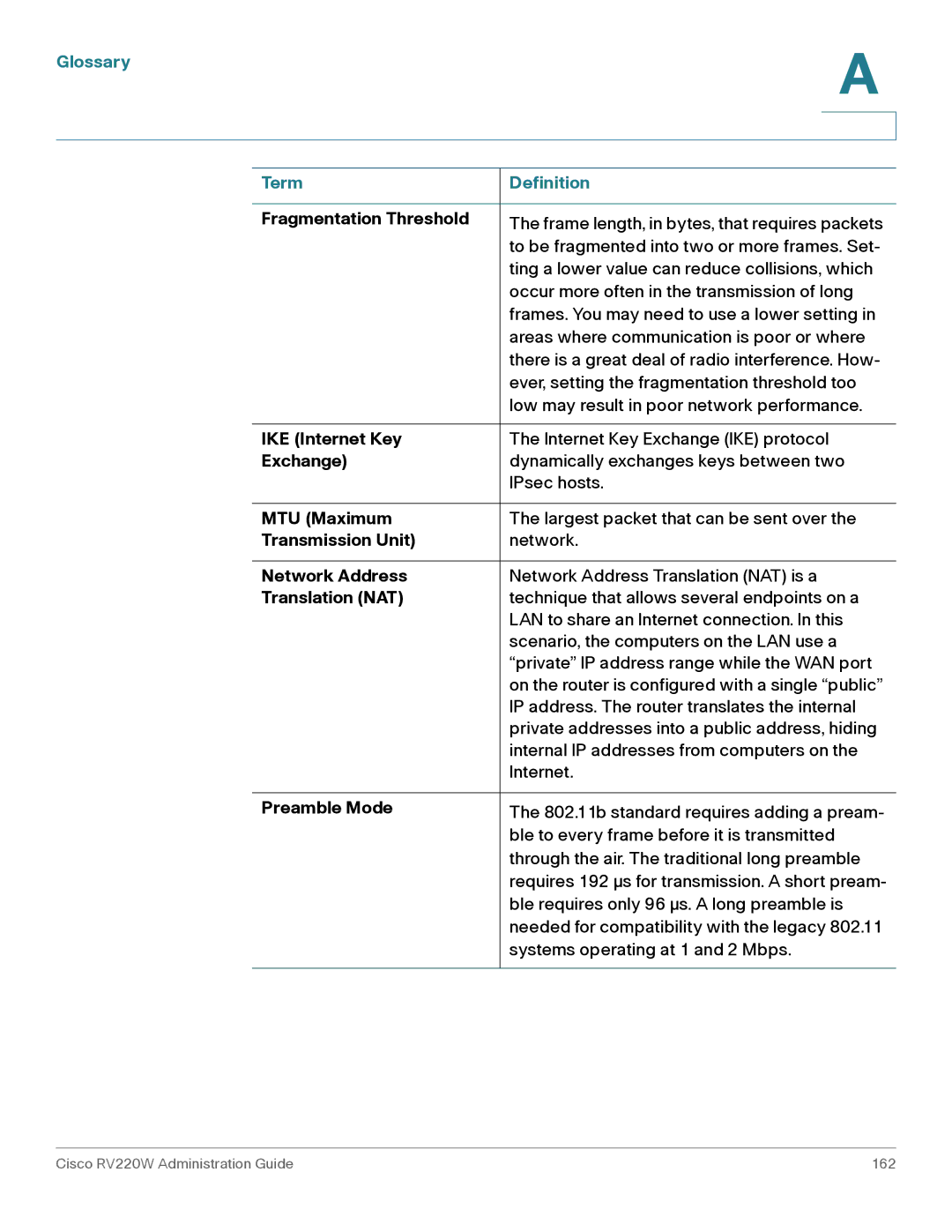 Cisco Systems RV042G, RV016 manual Glossary Term Definition 