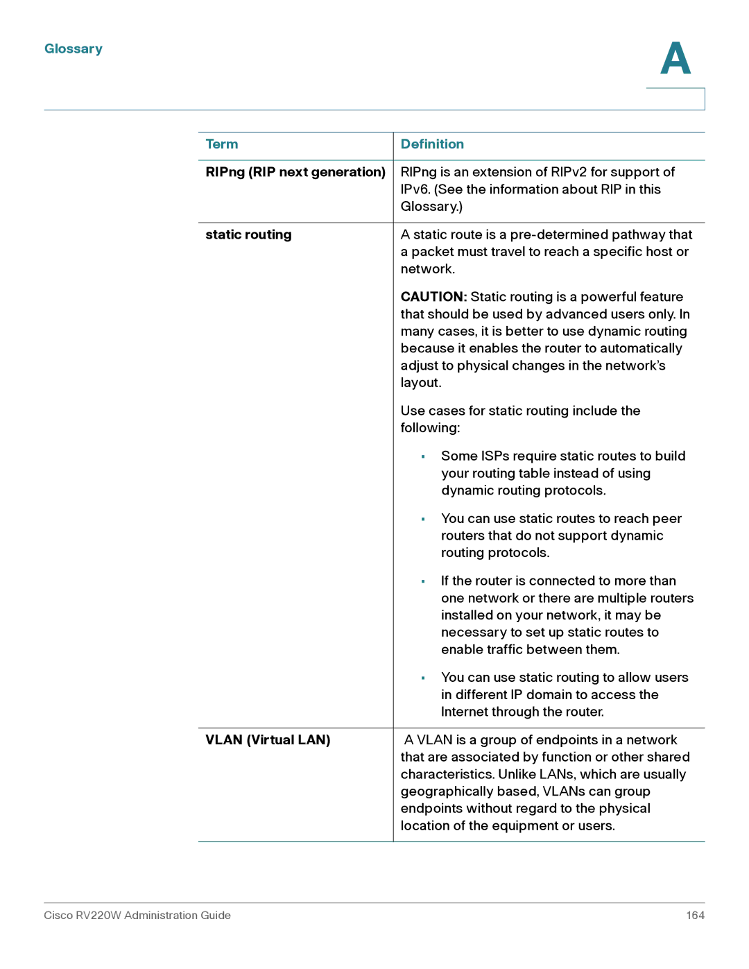 Cisco Systems RV042G, RV016 manual RIPng RIP next generation, Static routing, Vlan Virtual LAN 