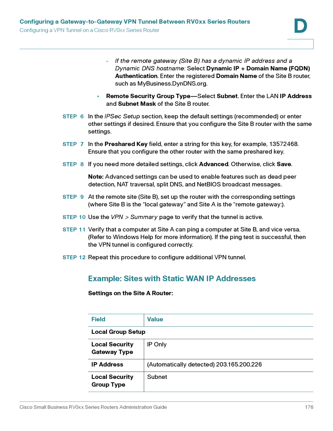 Cisco Systems RV042G, RV016 manual Example Sites with Static WAN IP Addresses, Settings on the Site a Router, Field Value 