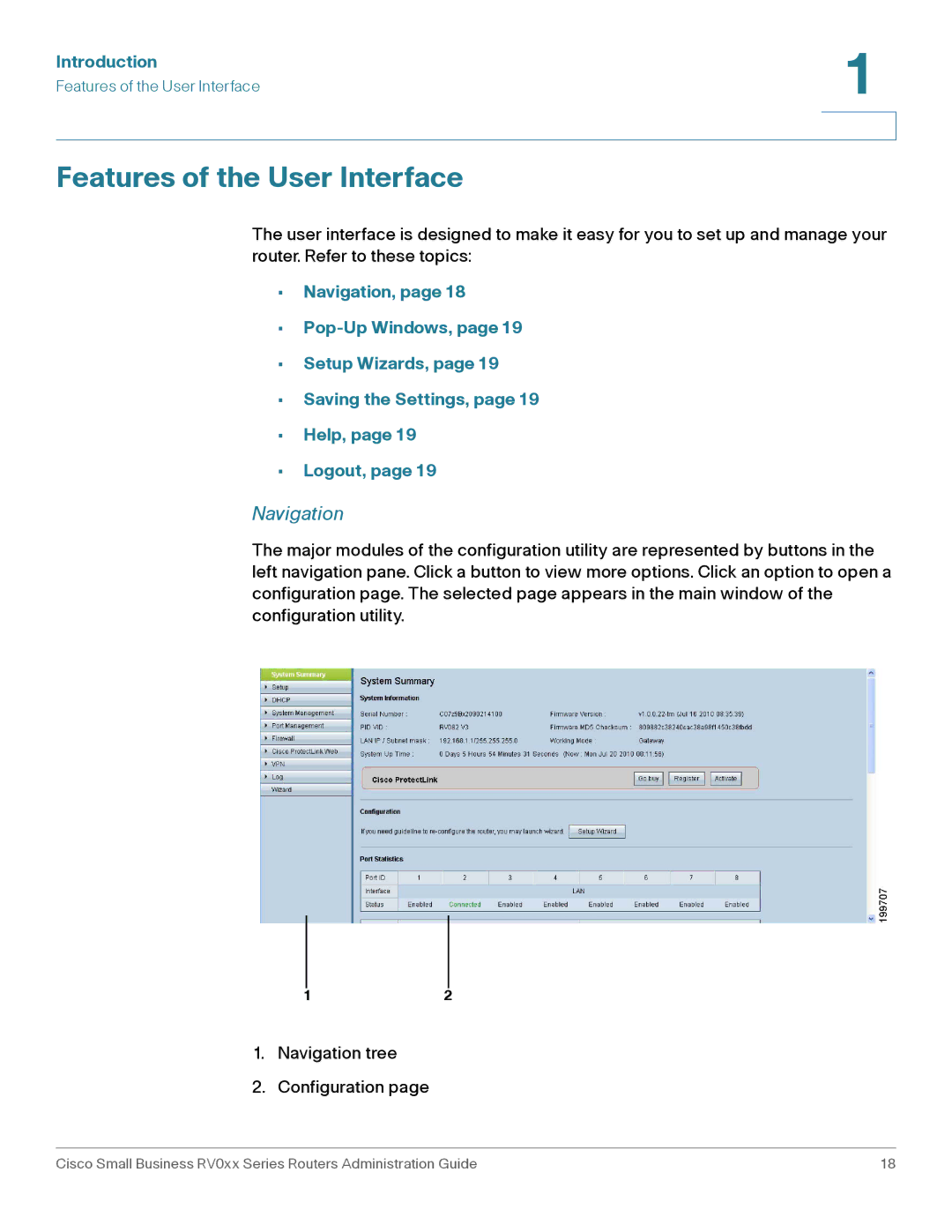 Cisco Systems RV042G, RV016 manual Features of the User Interface, Navigation 