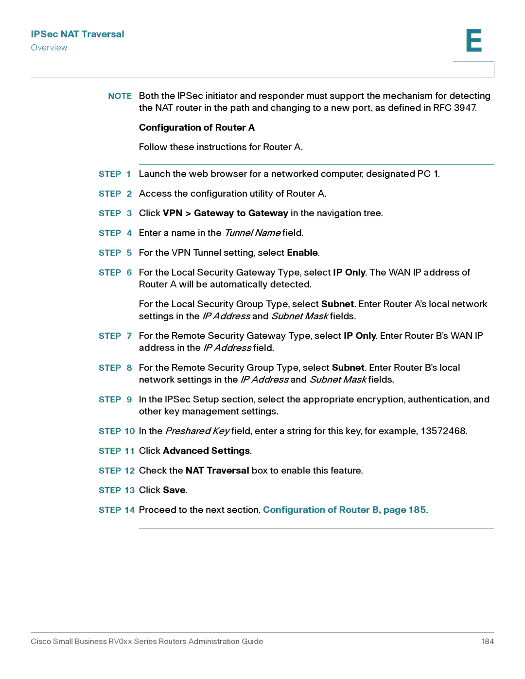 Cisco Systems RV042G, RV016 manual IPSec NAT Traversal, Configuration of Router a 