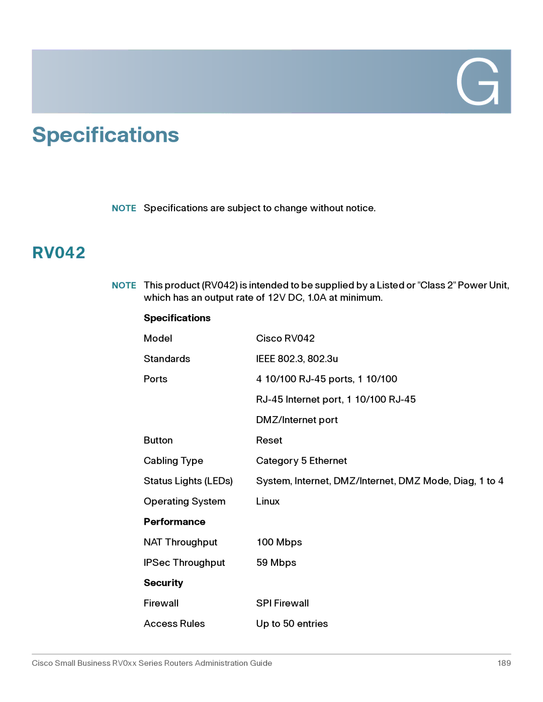 Cisco Systems RV016, RV042G manual Specifications, Performance, Security 