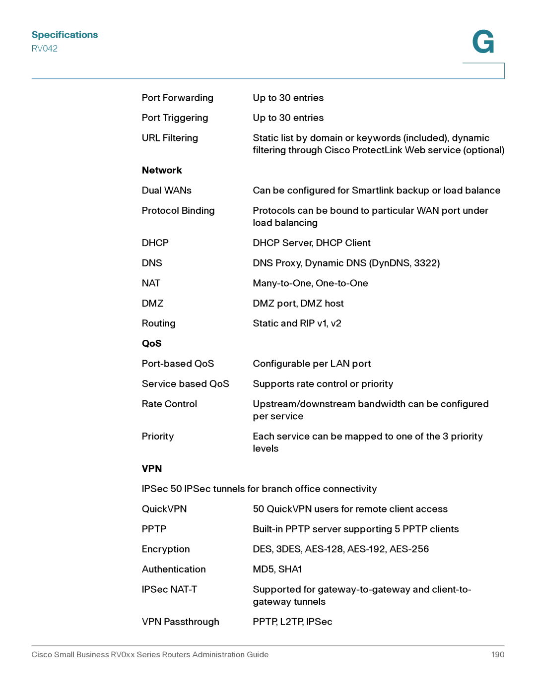 Cisco Systems RV042G, RV016 manual Specifications, Network, QoS 