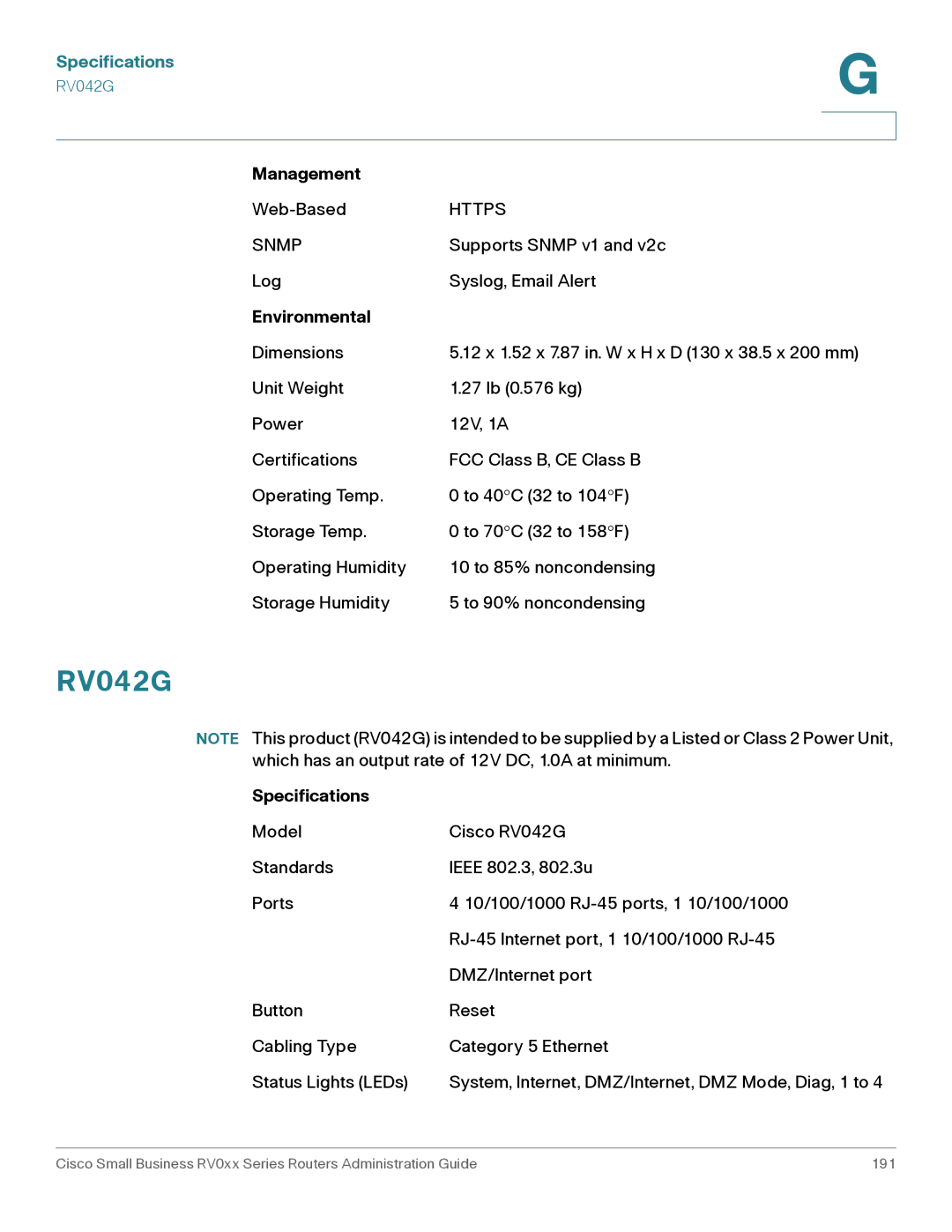 Cisco Systems RV016 manual RV042G, Management, Environmental 