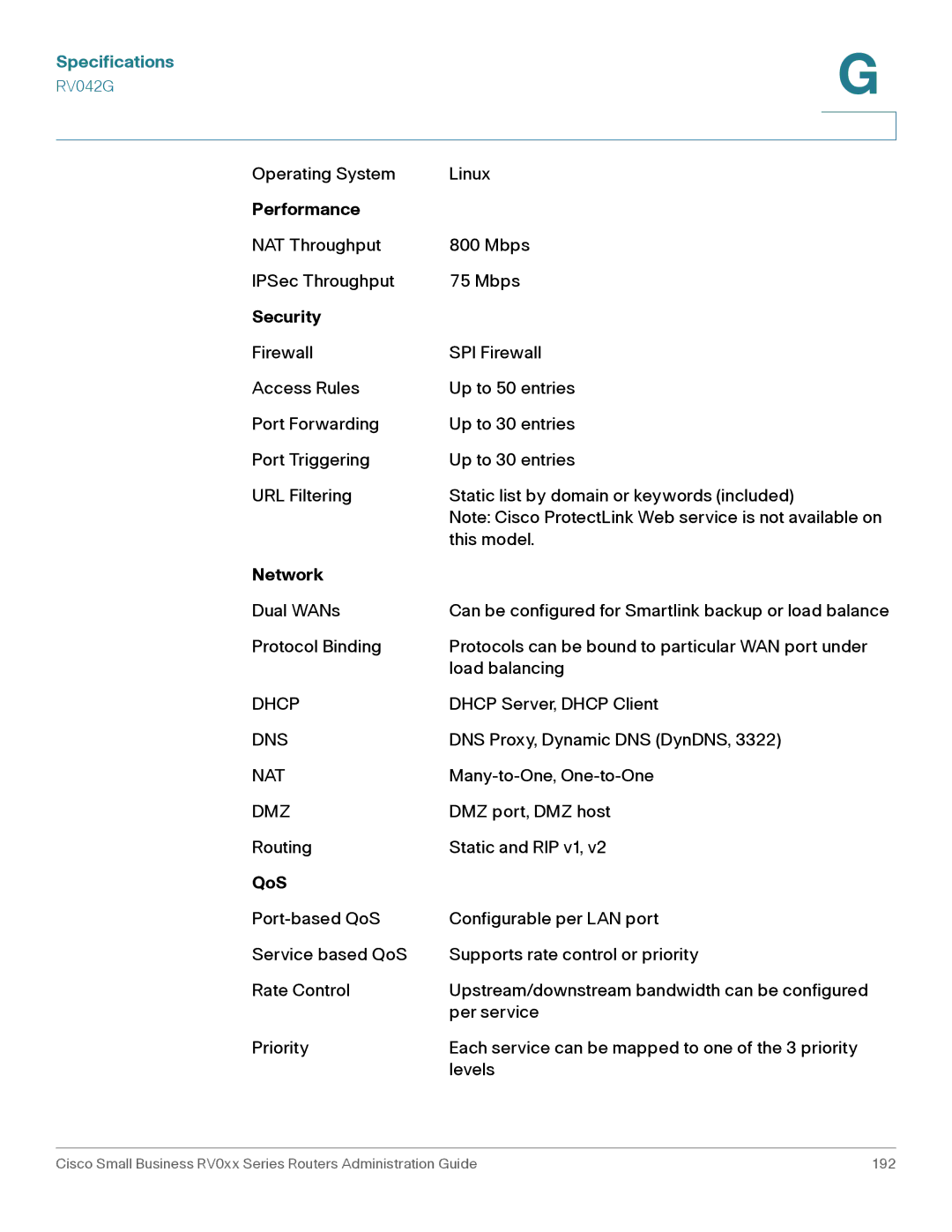 Cisco Systems RV042G, RV016 manual Operating System Linux 