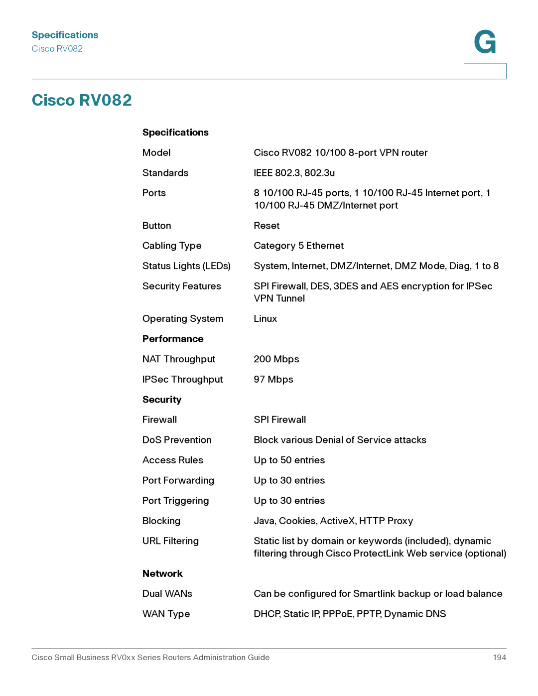 Cisco Systems RV042G, RV016 manual Cisco RV082, Specifications 