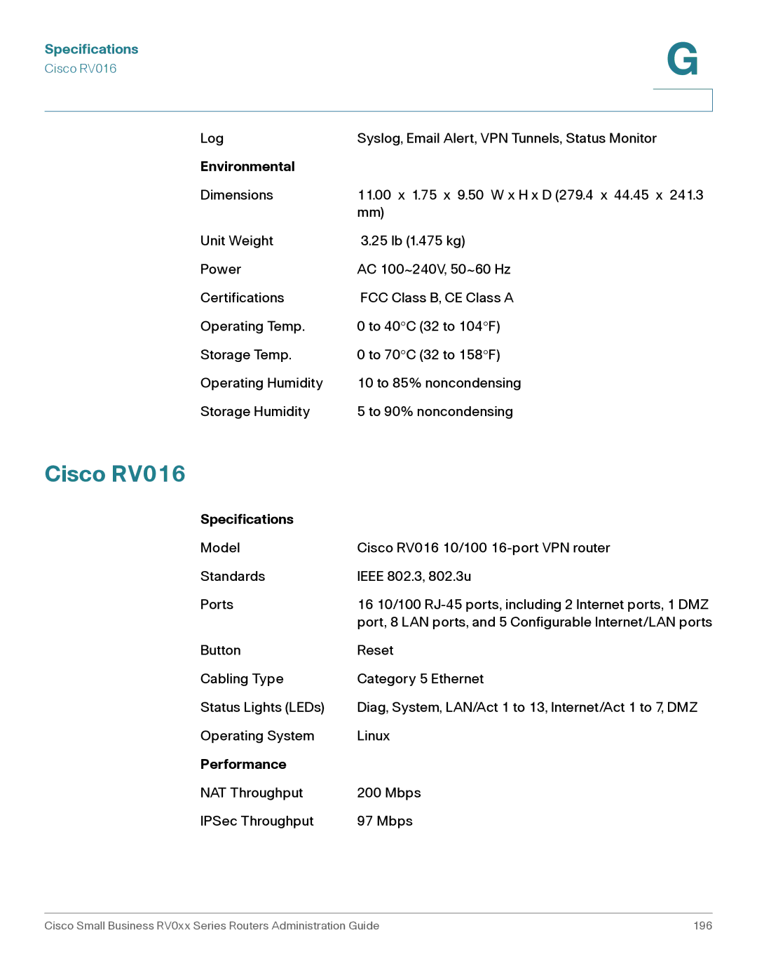 Cisco Systems RV042G manual Cisco RV016, Environmental 