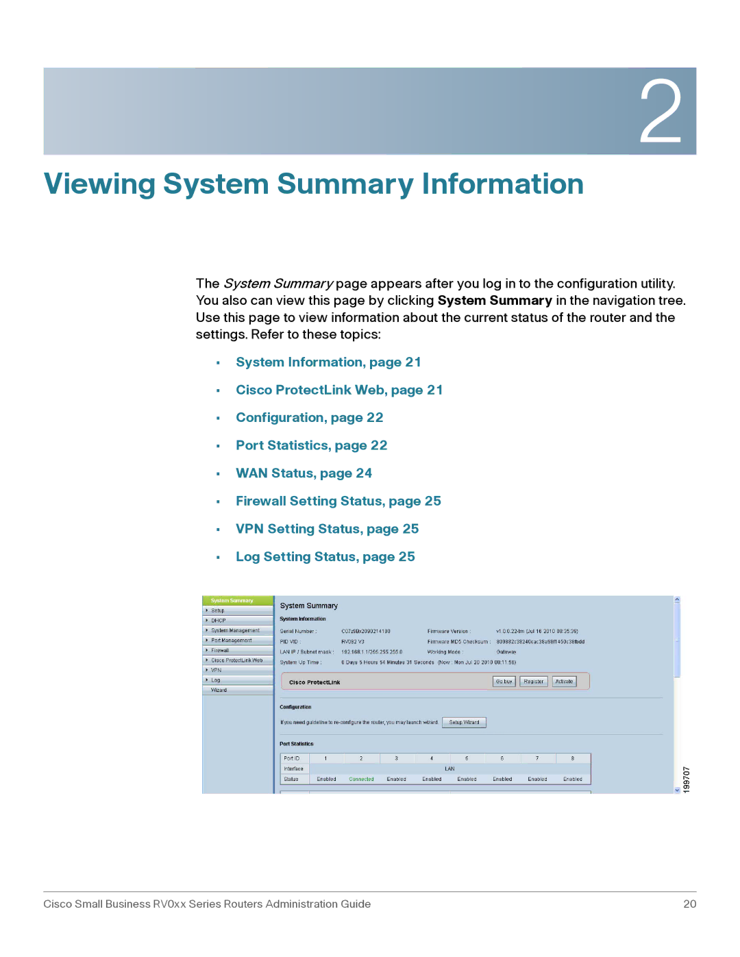 Cisco Systems RV042G, RV016 manual Viewing System Summary Information 