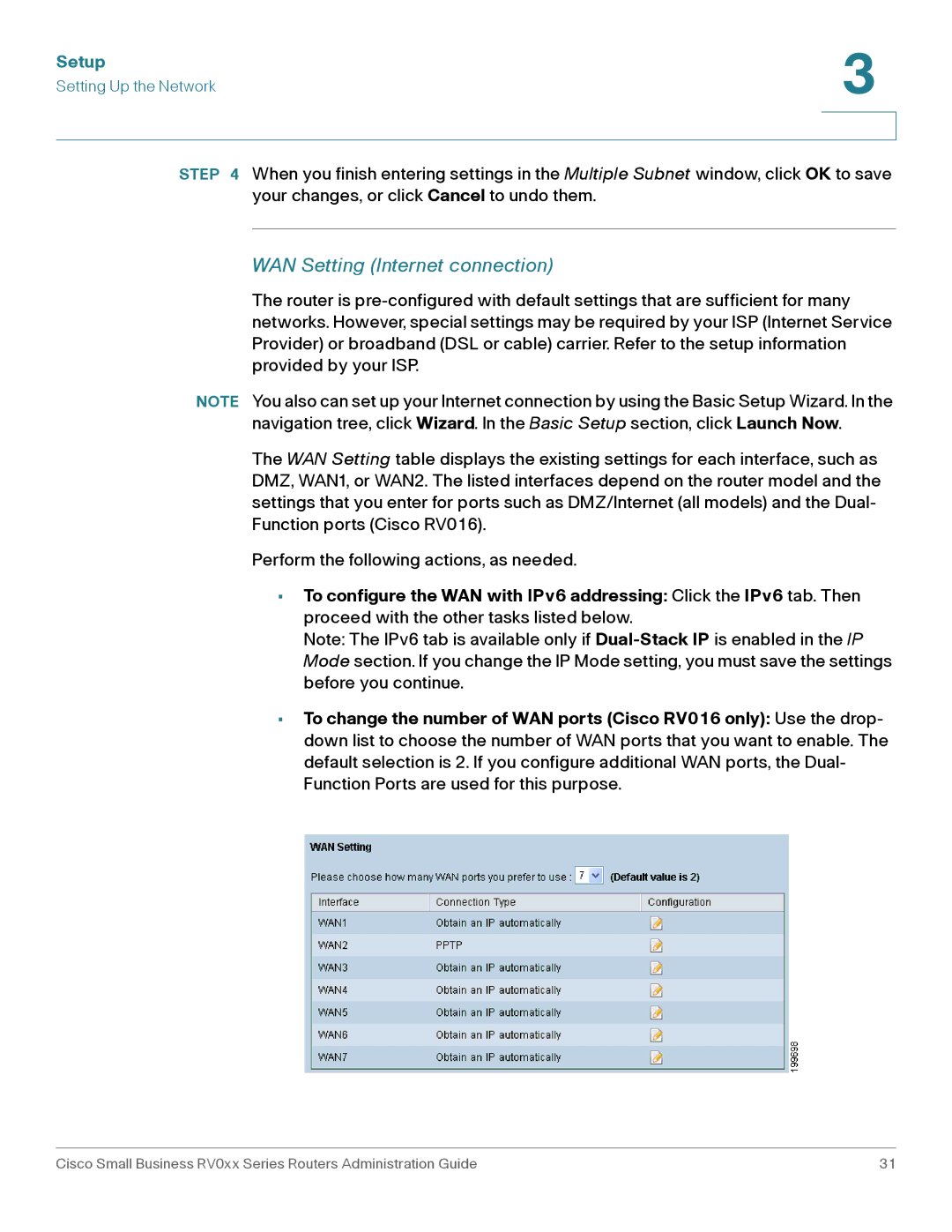 Cisco Systems RV016, RV042G manual WAN Setting Internet connection 