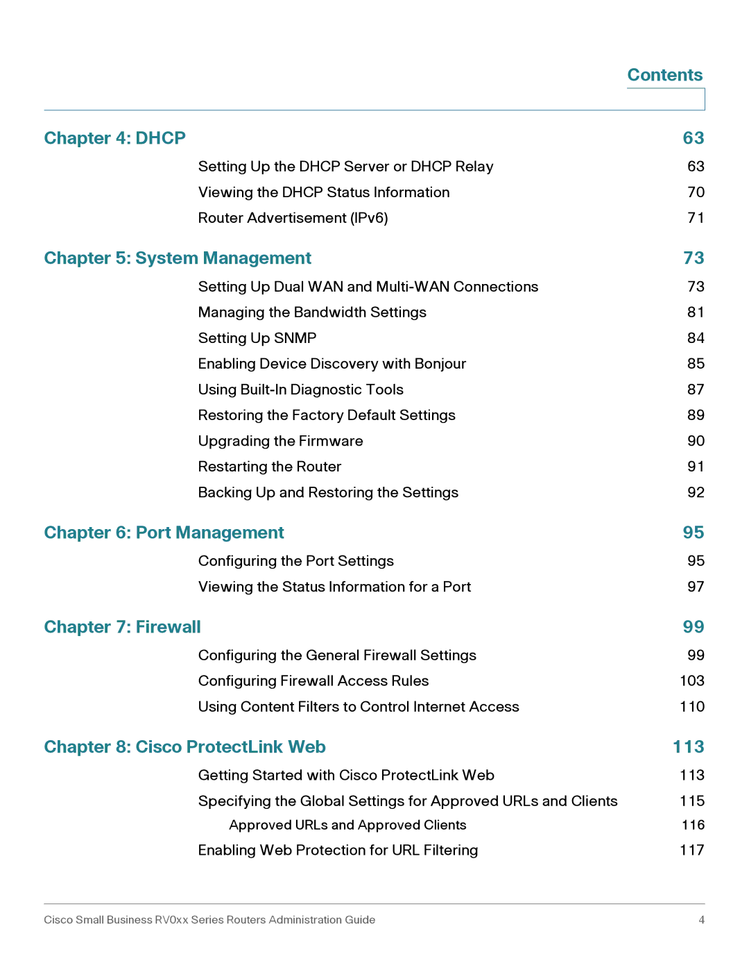 Cisco Systems RV042G, RV016 manual Dhcp, System Management, Port Management, Firewall, Cisco ProtectLink Web 113 