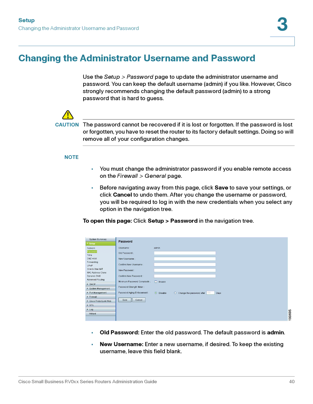 Cisco Systems RV042G, RV016 manual Changing the Administrator Username and Password, Setup 