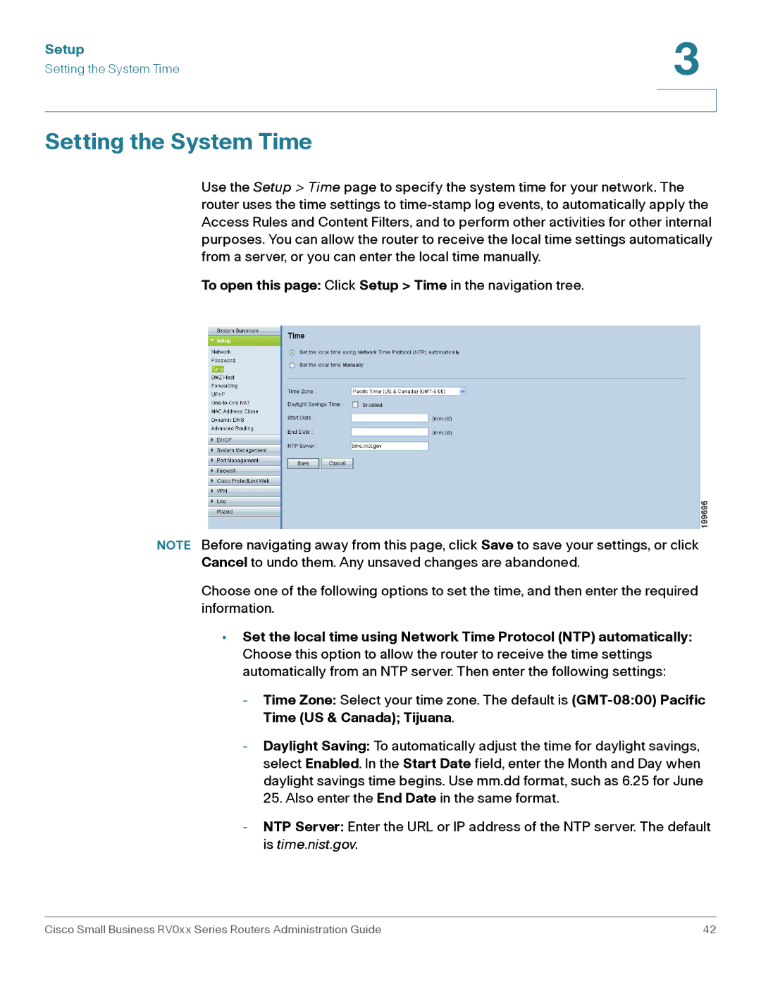 Cisco Systems RV042G, RV016 manual Setting the System Time, To open this page Click Setup Time in the navigation tree 