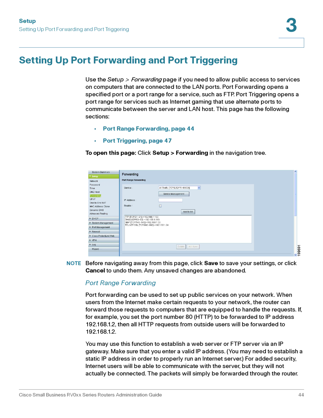 Cisco Systems RV042G, RV016 manual Setting Up Port Forwarding and Port Triggering, Port Range Forwarding 