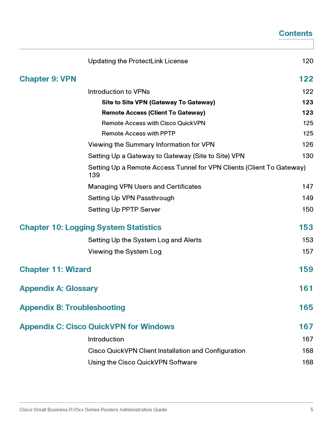 Cisco Systems RV016, RV042G manual VPN 122, Logging System Statistics 153 