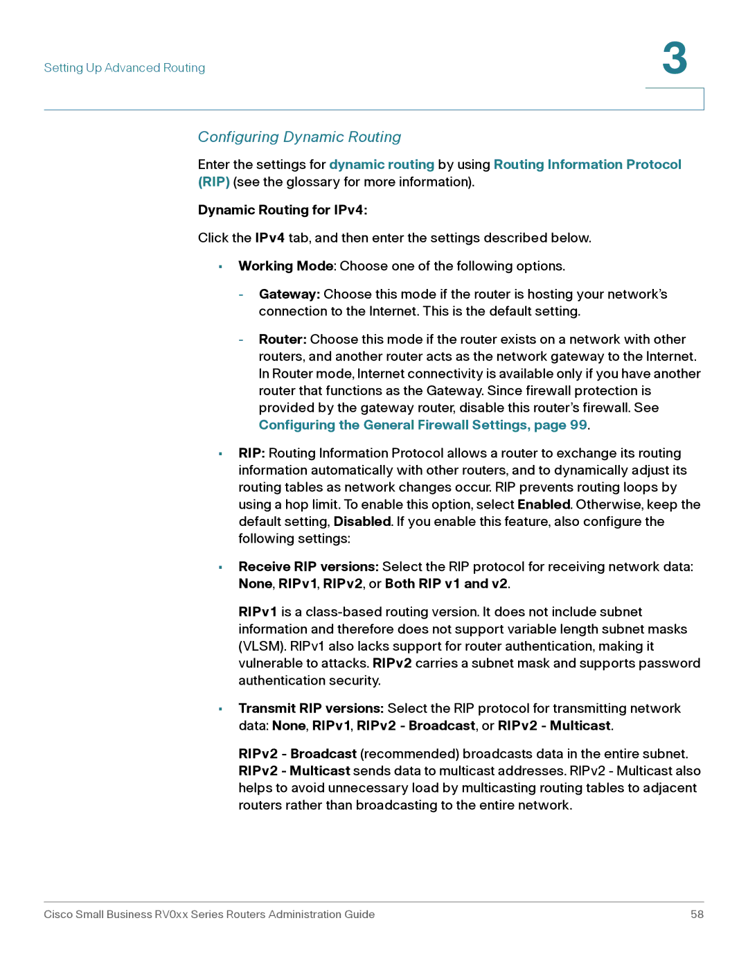 Cisco Systems RV042G, RV016 manual Configuring Dynamic Routing, Dynamic Routing for IPv4 