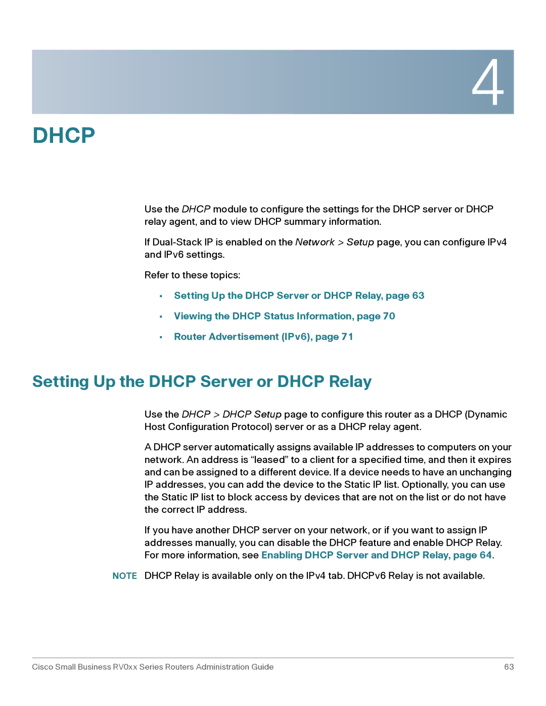 Cisco Systems RV016, RV042G manual Setting Up the Dhcp Server or Dhcp Relay 