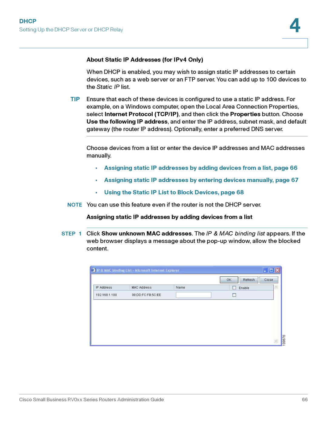 Cisco Systems RV042G About Static IP Addresses for IPv4 Only, Assigning static IP addresses by adding devices from a list 