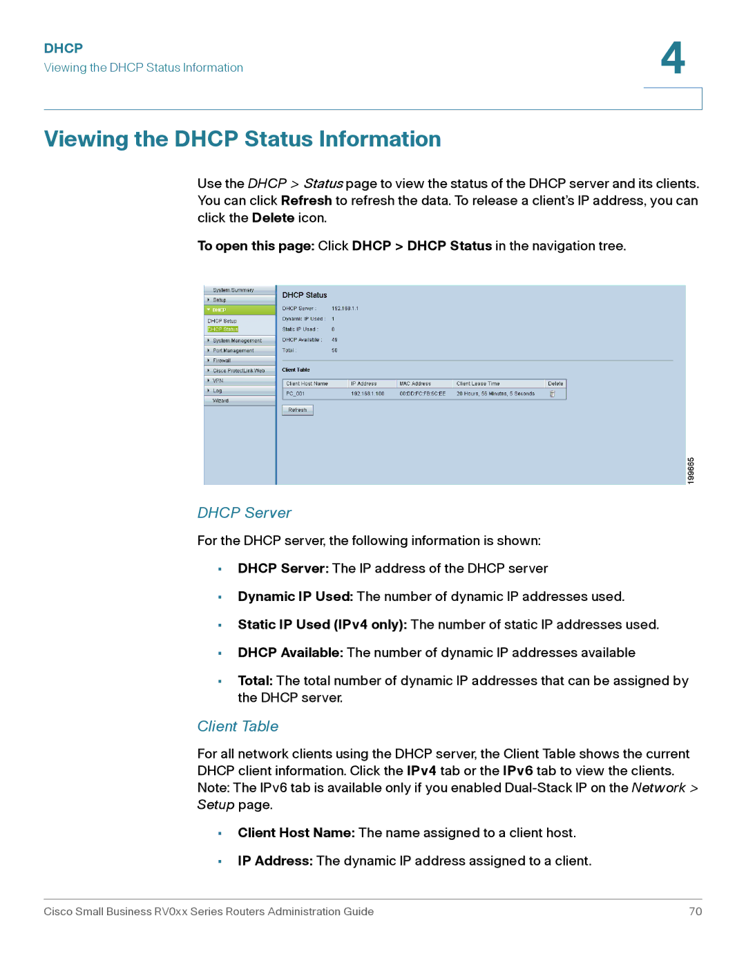 Cisco Systems RV042G, RV016 manual Viewing the Dhcp Status Information, Dhcp Server, Client Table 