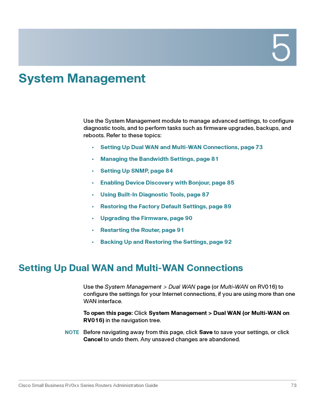 Cisco Systems RV016, RV042G manual System Management, Setting Up Dual WAN and Multi-WAN Connections 