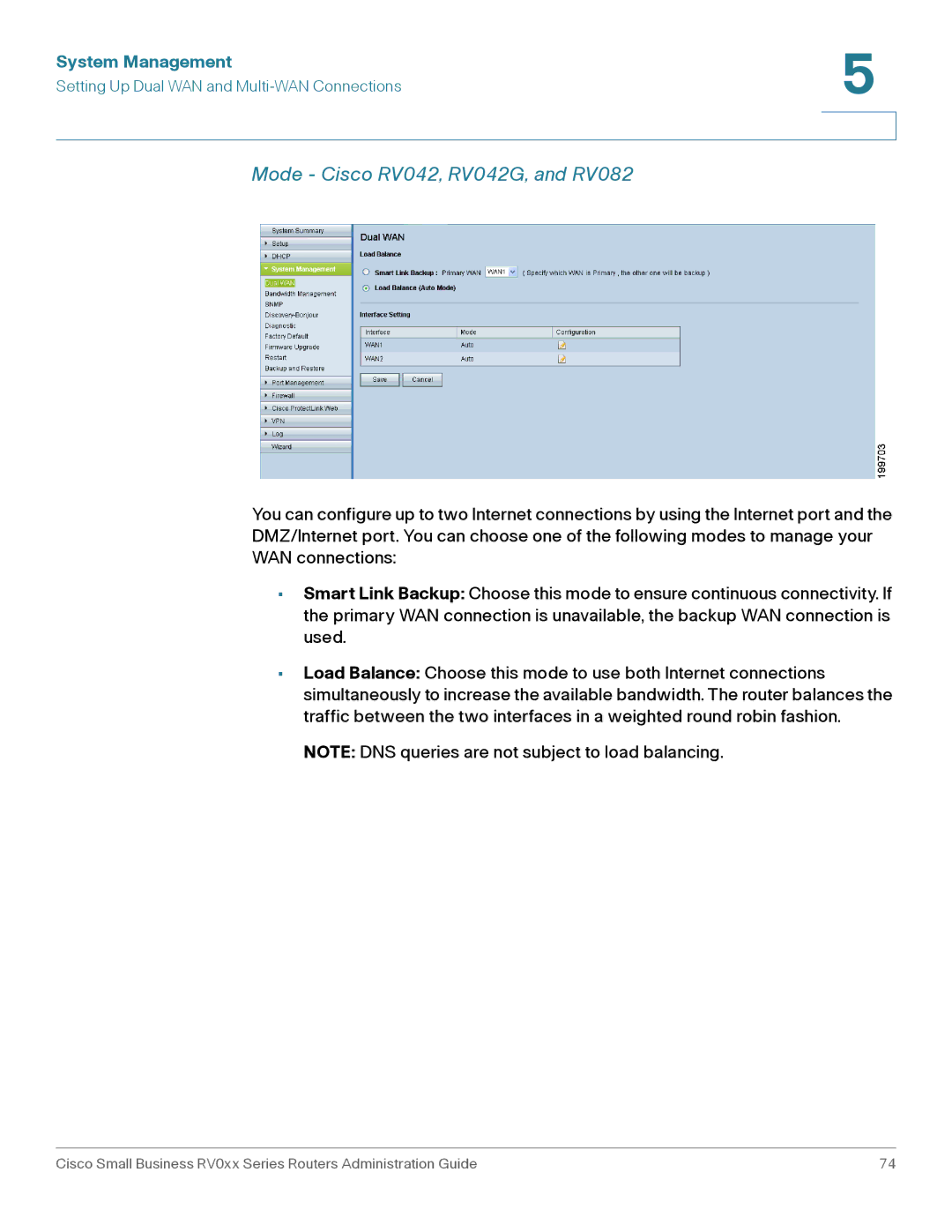 Cisco Systems RV016 manual Mode Cisco RV042, RV042G, and RV082, System Management 