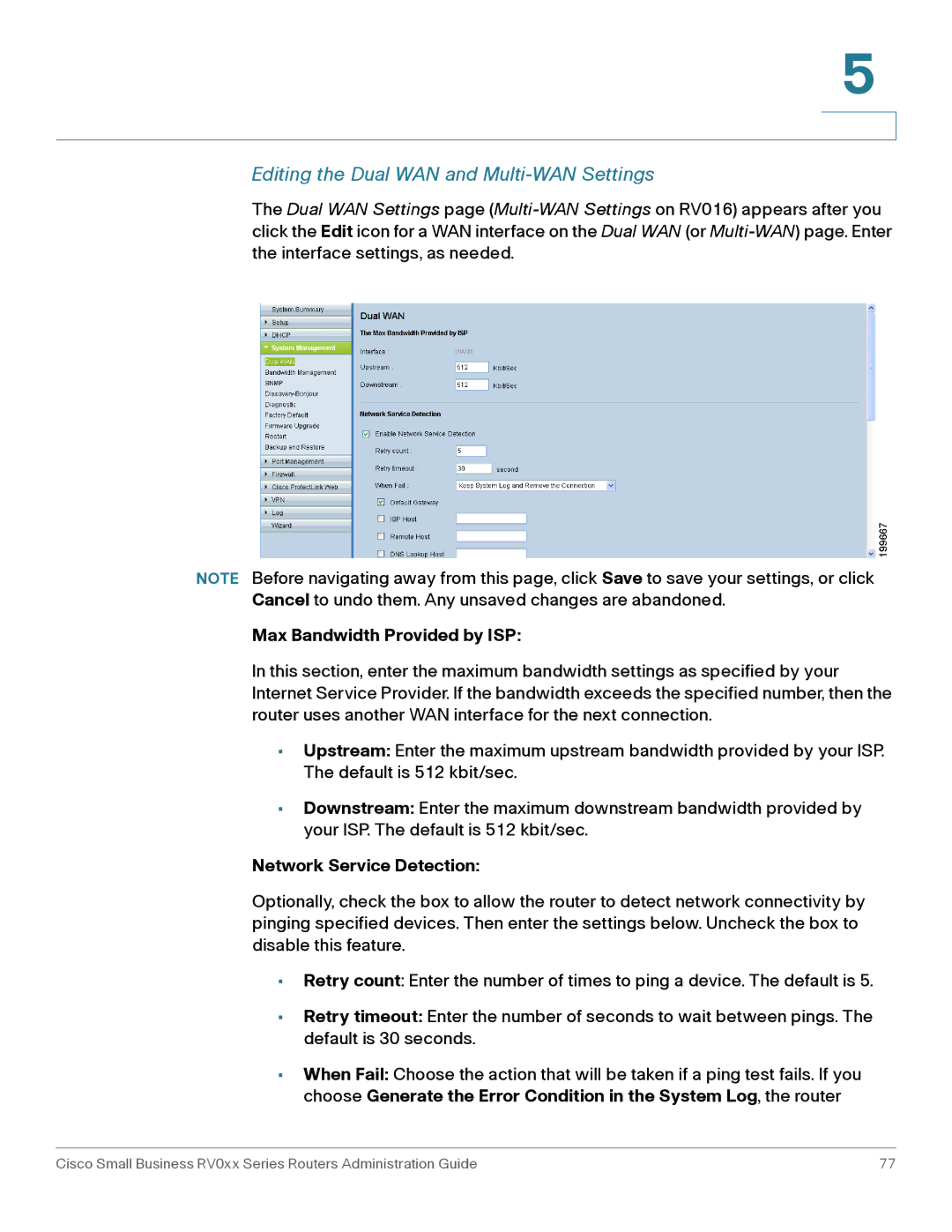 Cisco Systems RV016 Editing the Dual WAN and Multi-WAN Settings, Max Bandwidth Provided by ISP, Network Service Detection 