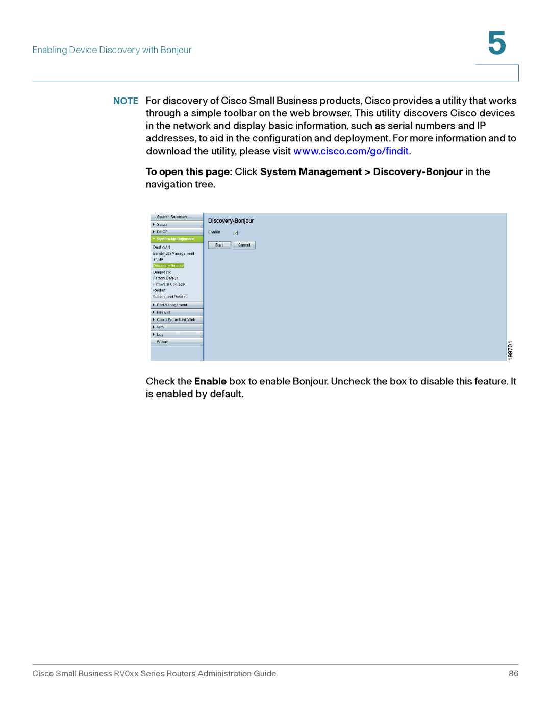 Cisco Systems RV042G, RV016 manual Enabling Device Discovery with Bonjour 