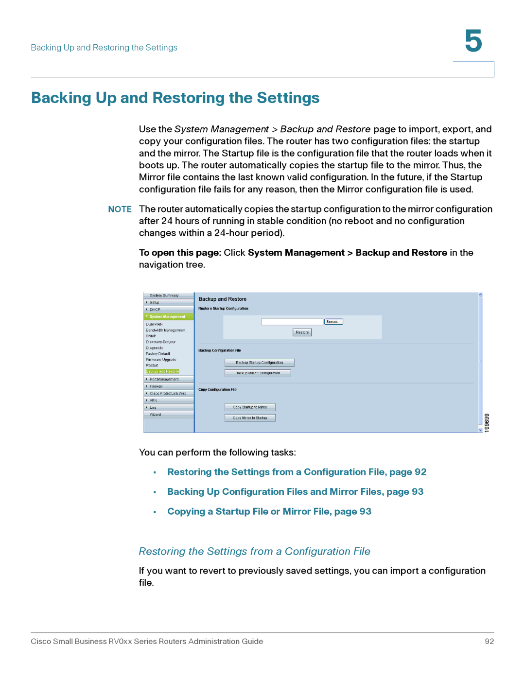 Cisco Systems RV042G, RV016 manual Backing Up and Restoring the Settings, Restoring the Settings from a Configuration File 