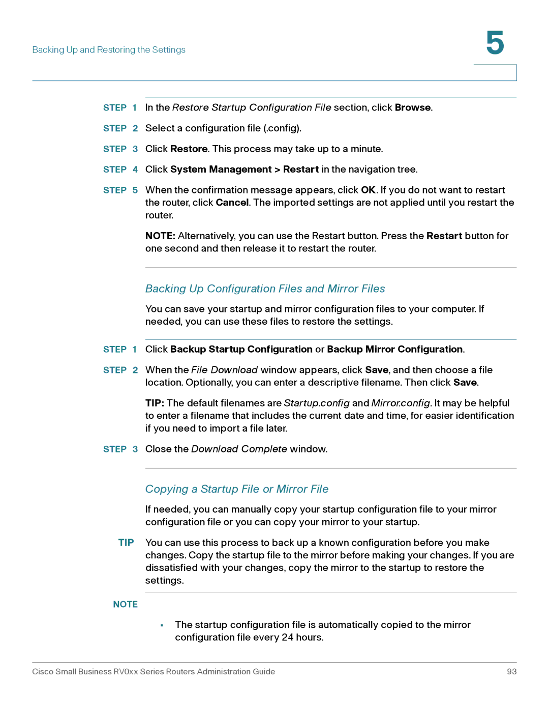 Cisco Systems RV016, RV042G manual Backing Up Configuration Files and Mirror Files, Copying a Startup File or Mirror File 