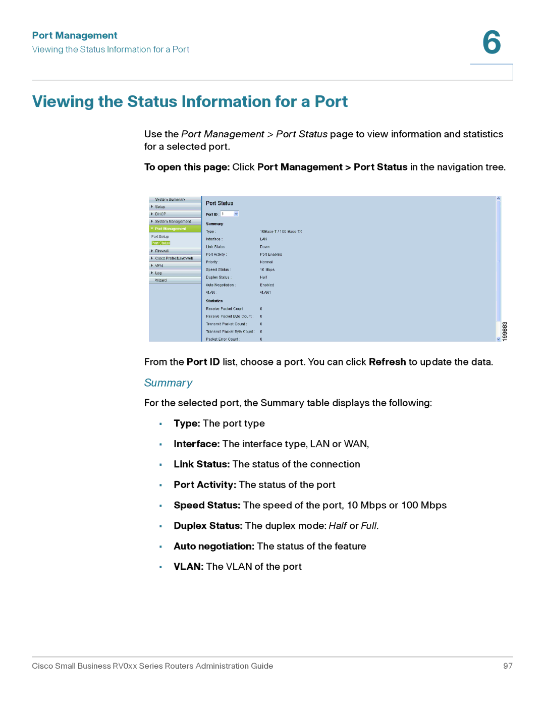 Cisco Systems RV016, RV042G manual Viewing the Status Information for a Port, Summary 