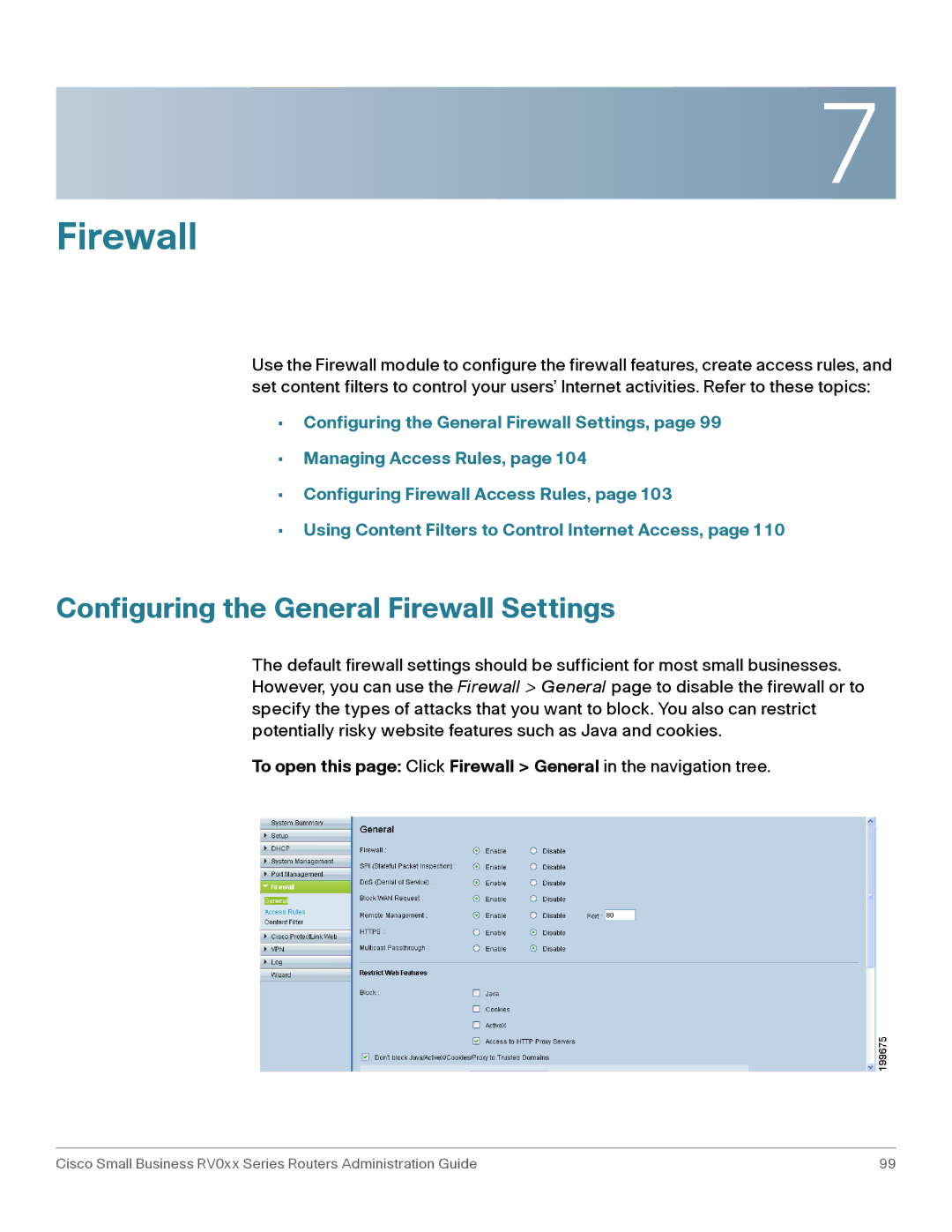 Cisco Systems RV016, RV042G manual Configuring the General Firewall Settings 