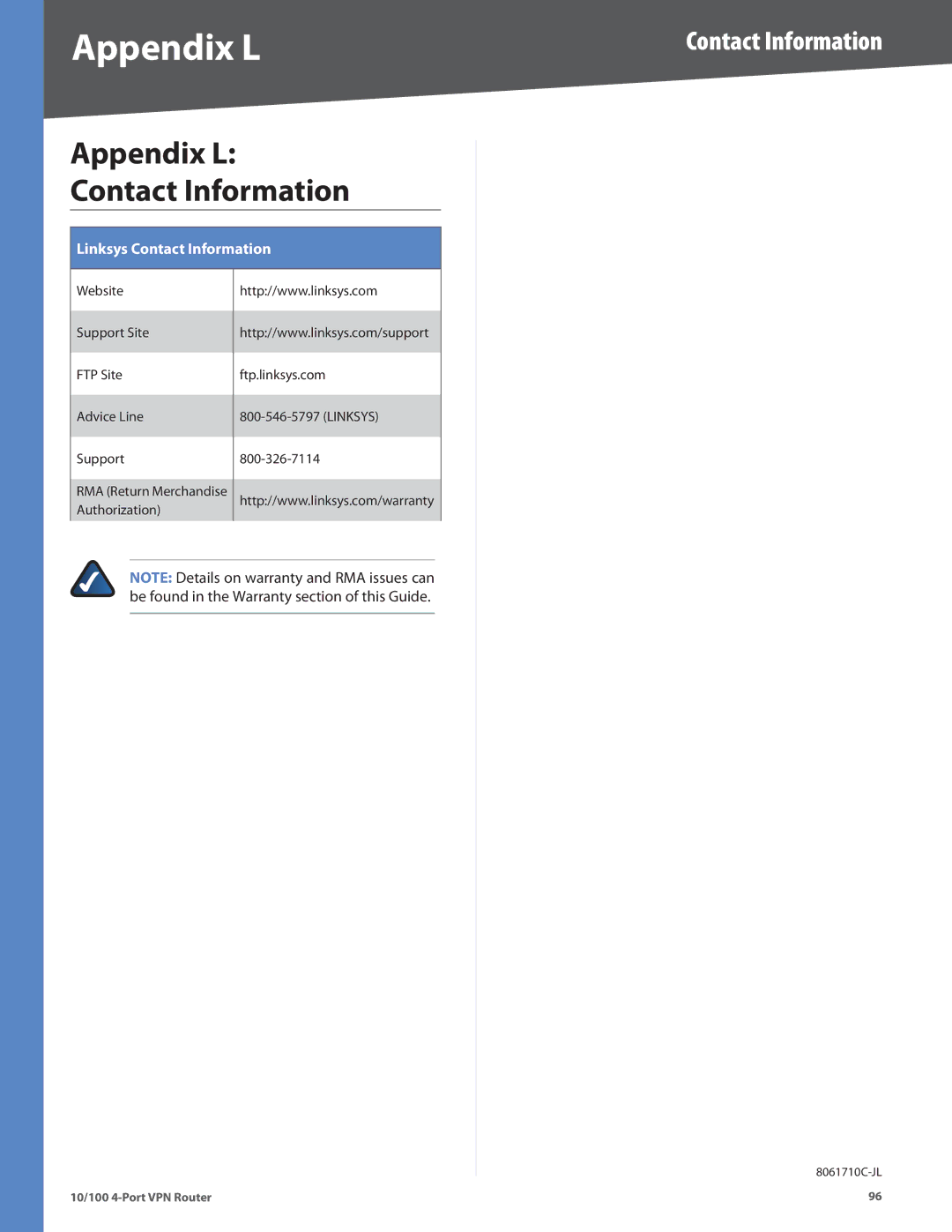 Cisco Systems RV042RF manual Appendix L, Contact Information 