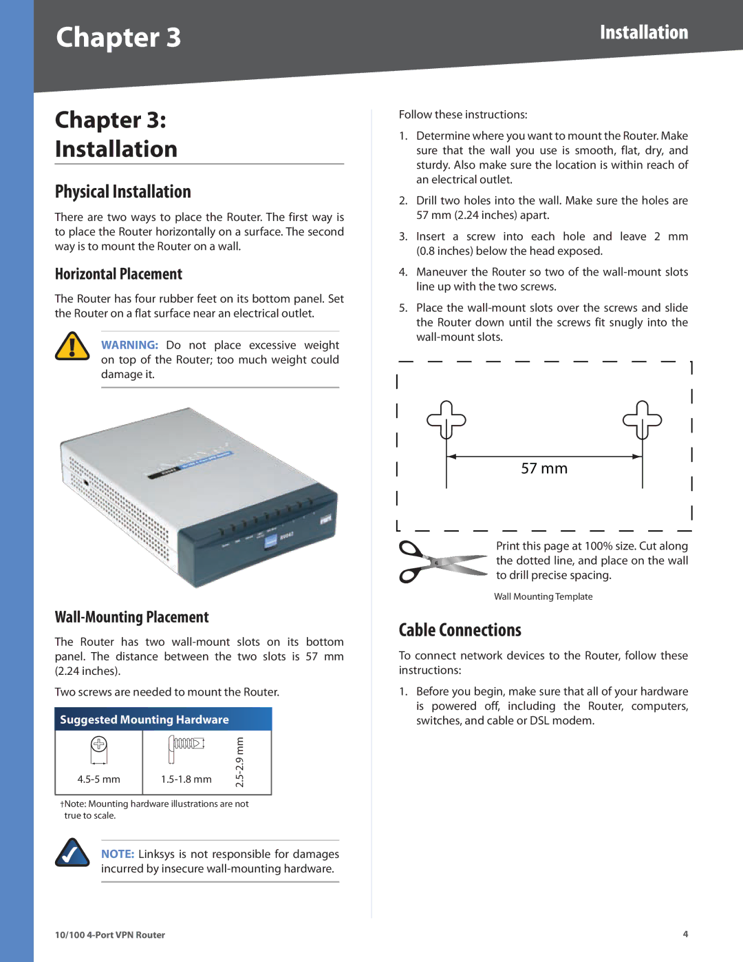 Cisco Systems RV042RF manual Chapter Installation, Physical Installation, Cable Connections 