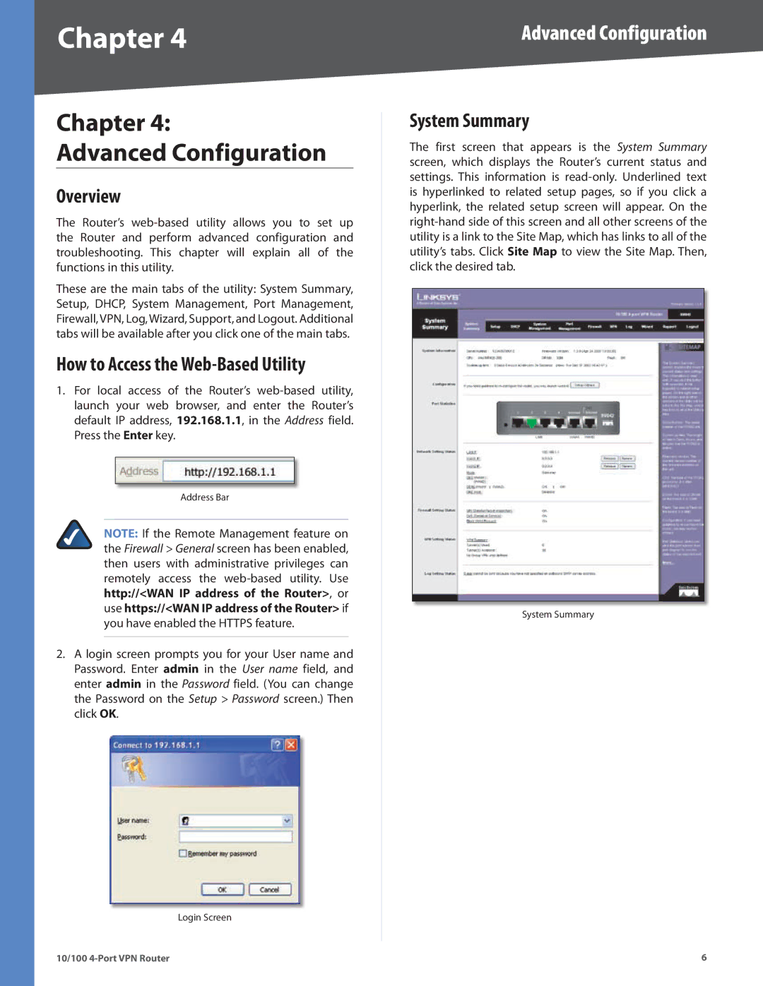 Cisco Systems RV042RF manual Chapter Advanced Configuration, Overview, How to Access the Web-Based Utility, System Summary 