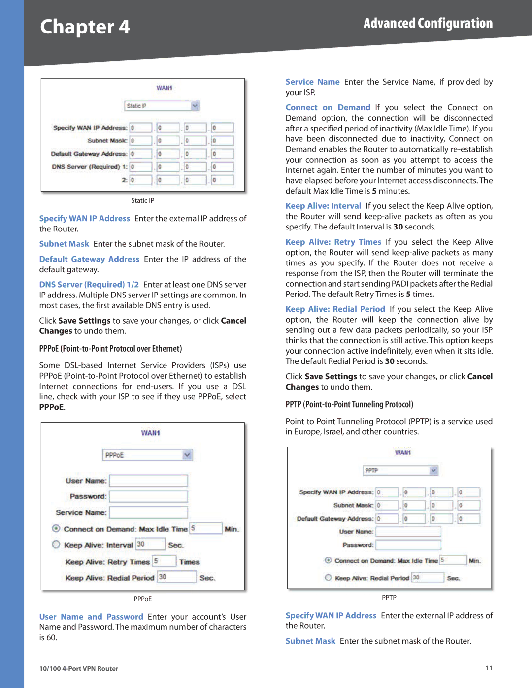 Cisco Systems RV042RF manual PPPoE Point-to-Point Protocol over Ethernet, Pptp Point-to-Point Tunneling Protocol 