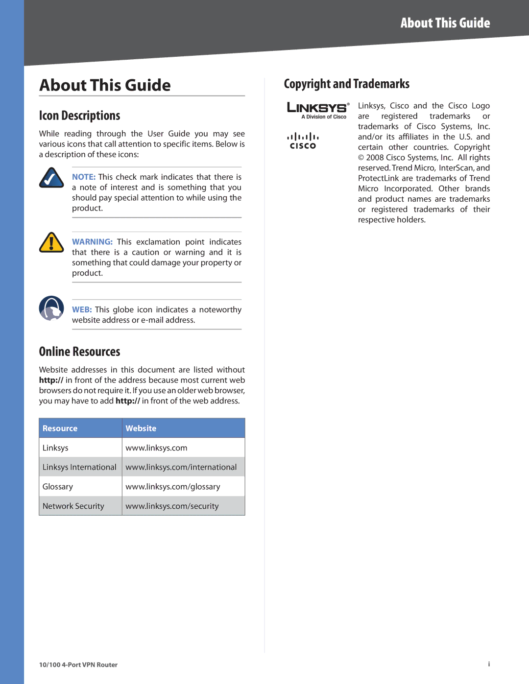 Cisco Systems RV042RF manual About This Guide, Icon Descriptions, Online Resources, Copyright and Trademarks 